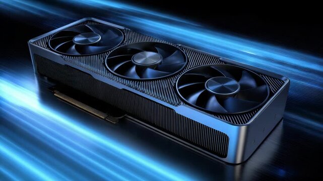 Sophisticated Black Graphics Card with Triple Fan Cooling System Against a Dynamic Blue Light Streaks Background in Studio