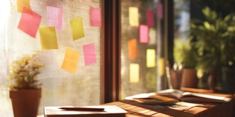 The Desk by a Sunlit Window with Colorful Sticky Notes and Open Notebook