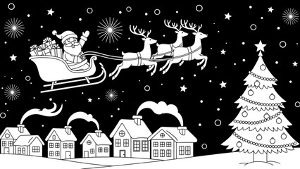 Fototapeta premium Santa claus flying in sleigh with reindeer over snowy village and decorated christmas tree at night