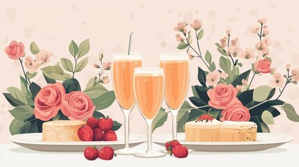 honeymoon breakfast vector setup showing meal pairing, drink options and flower placements, flat design vector art 