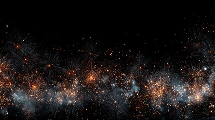 Festive fireworks banner on dark black background with colorful sparkling light bursts and copy space for New Year holiday celebration party invitations greeting cards and event promotion