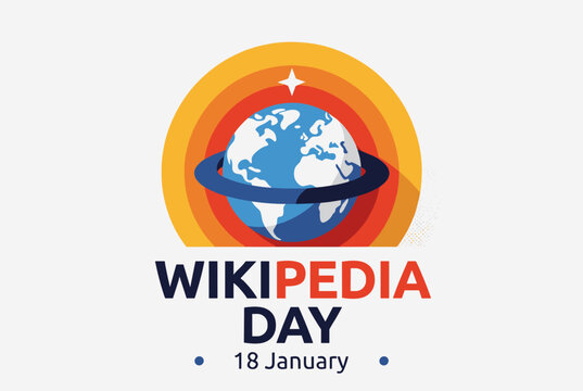 Wikipedia Day logo with a blue globe, a ring, and concentric orange circles, celebrating the 18th of January.