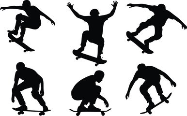 Skateboarder Silhouettes Vector Set, Extreme Sports Skateboarder Silhouettes, Skater Tricks and Poses Vector Collection, Dynamic Black and White Skateboarding Figures, Skateboarding Jumps .