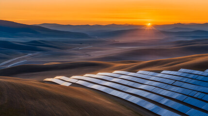 Fototapeta premium Solar Panels in Sunset: The image showcases a breathtaking landscape with a field of solar panels basking in the warm glow of sunset.