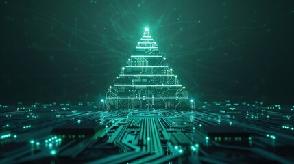 Futuristic pyramid structure with neon green lights and circuit board pattern, cyberpunk cityscape background