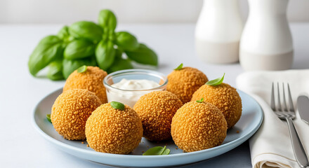 Golden Fried Arancini Balls with Creamy Dip and Fresh Basil rice balls golden brown