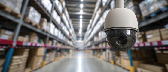 Obraz premium The Security Camera Watching Over a Large Warehouse Aisle Filled with Shelves