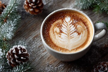 A white cup of hot latte with latte art in the shape of a leaf on a wooden table decorated with fir branches and pine cones. A hot, warming drink. Background for a coffee shop and menu.