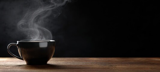 The coffee cup steaming on a wooden table with dramatic dark background