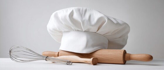 The chef hat with rolling pin and whisk on clean kitchen counter for baking