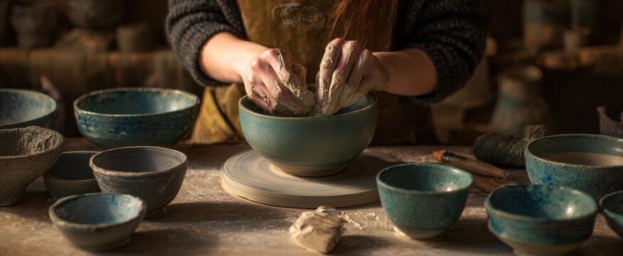 The Pottery Bowl Being Shaped on a Potter's Wheel by Hands - Powered by Adobe