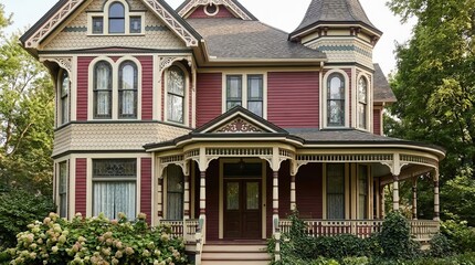 Fototapeta premium Victorian American classic home featuring ornate trim, tall windows, decorative gables, and rich architectural details, capturing elegant historic design