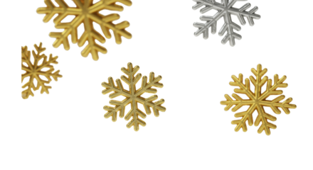 hyper-detailed 3d render of falling polished gold and matte silver filigree snowflakes on a white background, macro shot, shallow dof. concept for luxurious winter advertising