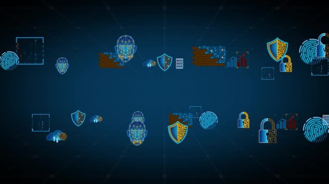 Security technology icons with biometric face scan shield lock and digital protection elements in cyber network