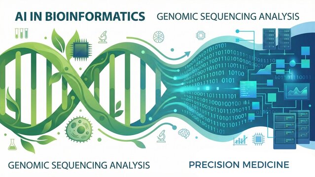 AI in Bioinformatics and Genomic Sequencing Analysis concept with DNA helix transforming into digital data