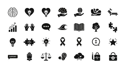 Set of Black and White Icons for Mental Health Awareness, Support, and Emotional Well-being