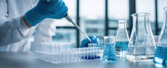 The pipette dispensing blue solution into test tubes during modern laboratory experiment
