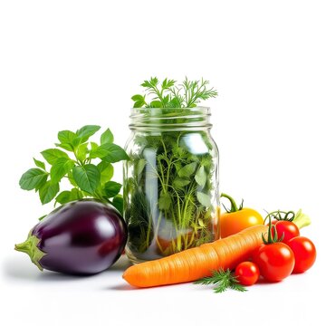 Fresh garden vegetables and herbs arranged around a glass mason jar for healthy home canning preparation