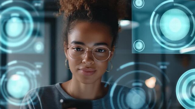A beautiful female UX strategist testing a biometric login interface in a design studio during midday light.