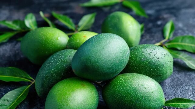 Close Up Arrangement of Vibrant Green Mangoes with Leaves on Textured Dark Surface Exhibiting Freshness and Natural Textures