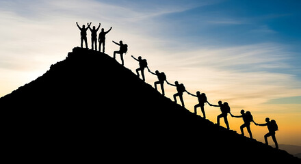 Silhouetted hikers ascend a mountain peak reaching for success at sunrise summit hiking