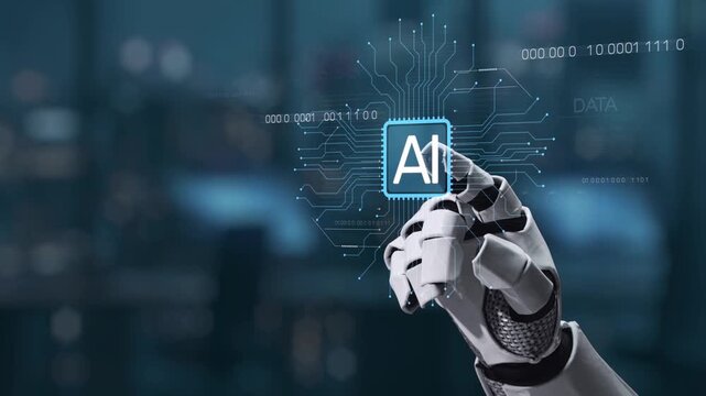 A futuristic robotic hand reaches out to interact with an artificial intelligence interface, symbolizing innovation and the evolution of technology in modern environments. Synapse