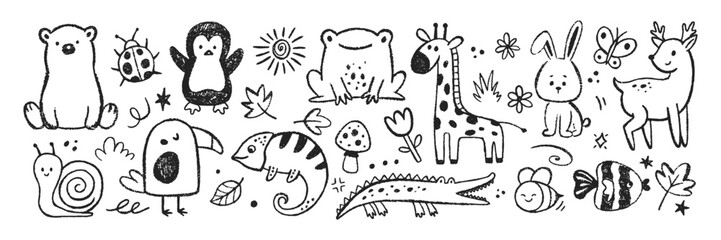 Set of cute animals with organic texture of crayon, chalk or pastel . Bear, giraffe, dear, bunny. Black vector illustration on a white background.