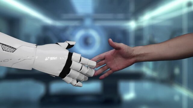 Close up of robot hand and human hand shaking hand with human anatomy hologram. AI and human working together or making agreement with x ray holographic floating with blurring laboratory. Salubrious.