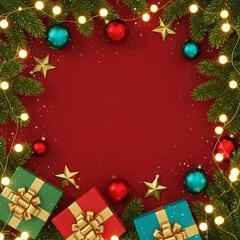 Festive christmas wreath frame with gifts and ornaments on red background