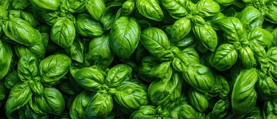 The basil leaves forming a vibrant green backdrop for fresh culinary inspiration