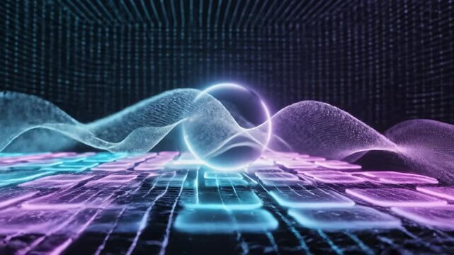 Digital sphere glowing waveforms over illuminated keyboard and square tiles with neon light blocks in futuristic technology concept featuring abstract vibrant blue and purple waveforms