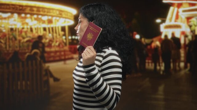 Young brunette woman holding passport beside carousel lights on street at night fair facing camera with neutral expression; identity determination.