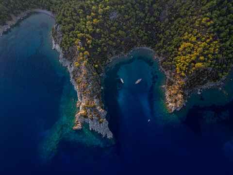 Aerial view of secluded turquoise bay with yachts near Dat&ccedil;a, Turkey