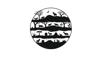 Obraz premium Diverse wildlife silhouette ecosystem within a circular landscape