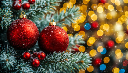 Two sparkling red Christmas ornaments hang on a snow-dusted fir branch. A warm, festive background with golden bokeh lights creates a magical and joyful holiday atmosphere.