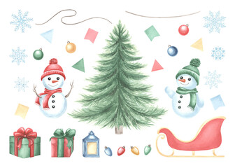 Set of winter holiday watercolor clipart with snowmen, Christmas tree, garland and gift boxes. Hand drawn festive illustrations isolated. Cute kids cheerful characters for postcard designs, sticker.
