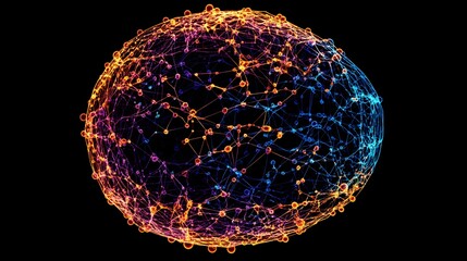 Glowing abstract sphere composed of interconnected nodes and lines representing complex digital network structure against a dark background