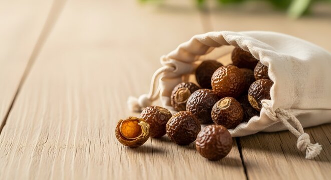 A reusable bag of natural eco soap nuts, ideal for sustainable laundry and home cleaning, reflecting an ecology and zero waste living concept