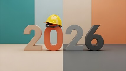 Creative 3D 2026 numbers with yellow construction hard hat for industrial planning and real estate concepts
