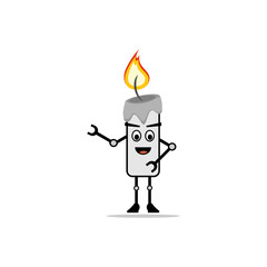 A charming cartoon candle character with robot limbs and a friendly face stands on a light background. It has molten wax dripping and a bright flame on top