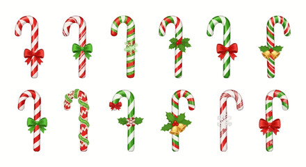 A collection of twelve festive candy canes decorated with bows, ribbons, and holly for Christmas.