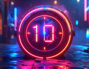 Neon digital clock in a futuristic city at night, counting down