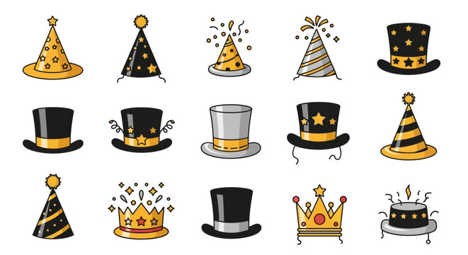A collection of festive party hats and crowns, including cone-shaped hats with polka dots and stripes, top hats, and ornate crowns, all in gold and black.