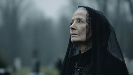 An elderly woman holding a black veil in a cemetery