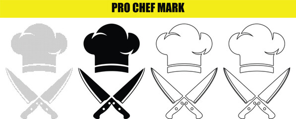 Pro chef mark stock vector illustration, professional kitchen emblem with chef hat and crossed knives, cooking insignia