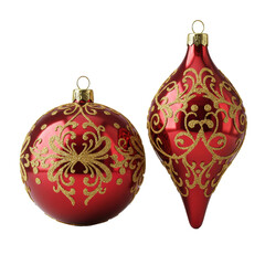 luxurious, highly reflective ruby red glass christmas bauble and teardrop ornament with sparkling gold baroque filigree, macro isolated on transparent. concept of festive opulence