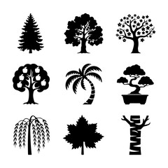 Tree Icon Set. Vector Design Pack Isolated on White Background. Grunge Stamp Vector Illustration.