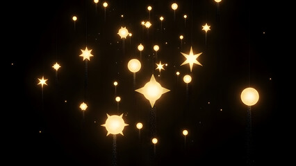 A captivating abstract scene featuring glowing stars and orbs suspended against a dark backdrop. The scene has a magical and festive atmosphere. Great for backgrounds, overlays, or standalone art.