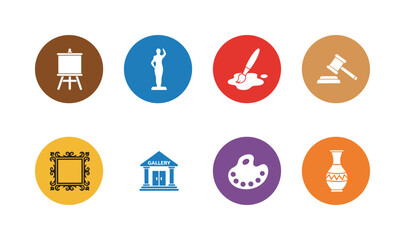 Fototapeta premium Eight colorful vector icons representing fine arts, culture, and creative endeavors like painting, sculpting, museums, and artistic heritage.