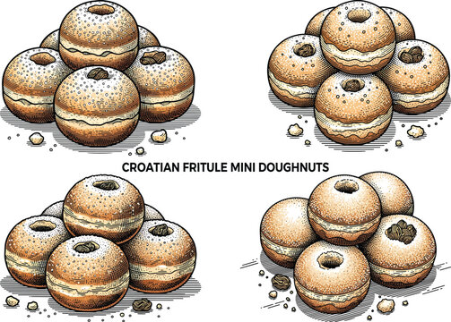 Croatian Fritule Mini Doughnuts Illustration Icon Set with Traditional Fried Pastry Balls and Vintage Hand-Drawn Dessert Art